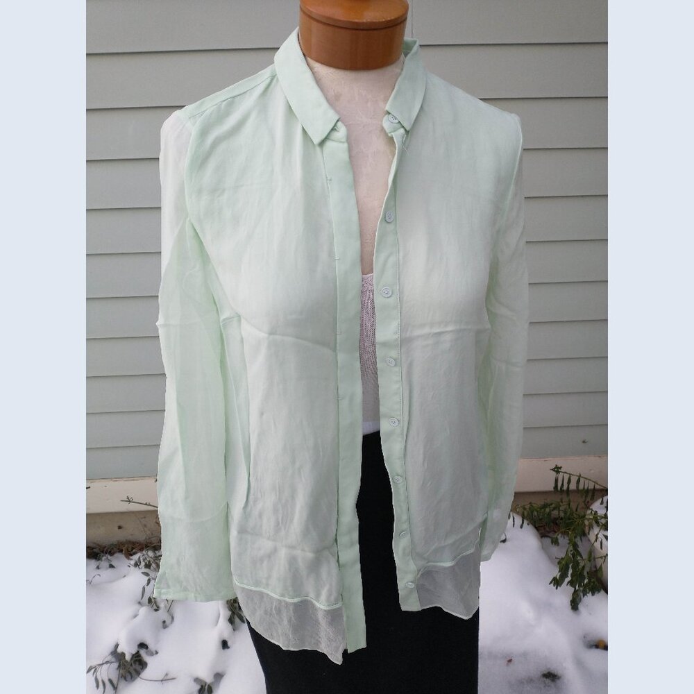 Blouse: Silk, pastel green, hidden button placket. Size large - by Elie Tahari